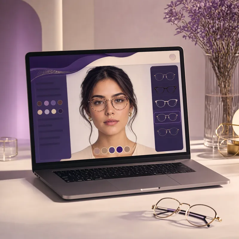 Site de uma ótica exibindo o widget de prova virtual em um notebook